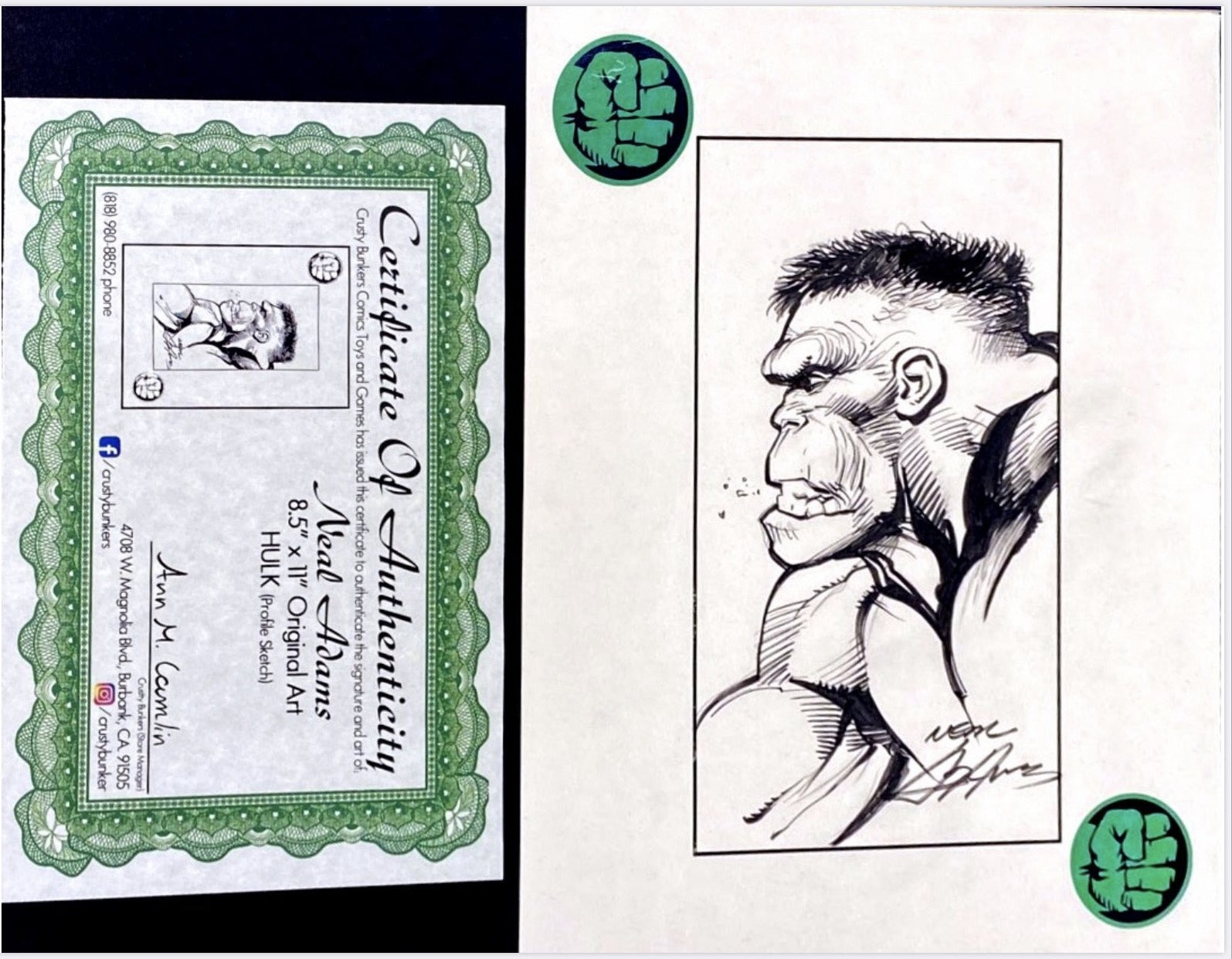 Original Art Sketch “Hulk” 8.5x11.0 Neal Adams COA